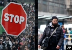 A man walks by an anti-migration billboard from the Hungarian government on a street in Budapest, Hungary, April 7, 2018. Hungarians will vote Sunday in parliamentary elections, with current Prime Minister Viktor Orban running for a third consecutive term.