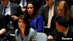 United States Ambassador to the United Nations Nikki Haley addresses the U.N. Security Council on Syria during a meeting of the Council at U.N. headquarters in New York, March 12, 2018. 