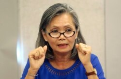 Mu Sochua, Vice President of the Cambodia National Rescue Party (CNRP) speaks during a press conference in Jakarta, Indonesia, Wednesday, Nov. 6, 2019.