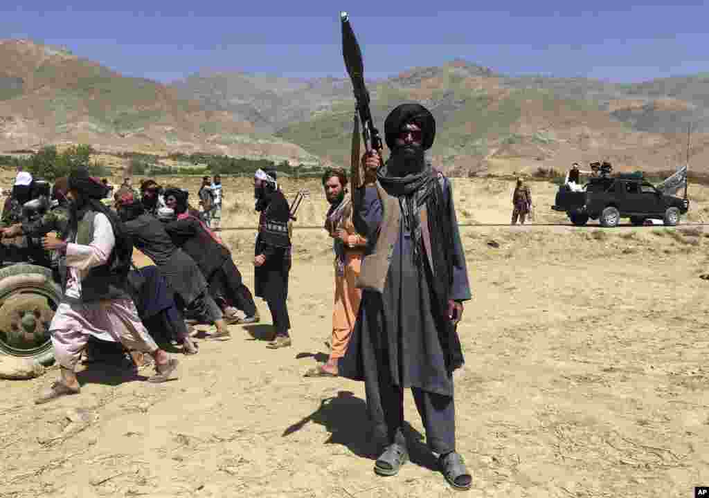Taliban soldiers stand guard in Panjshir province northeastern of Afghanistan, Sept. 8, 2021.
