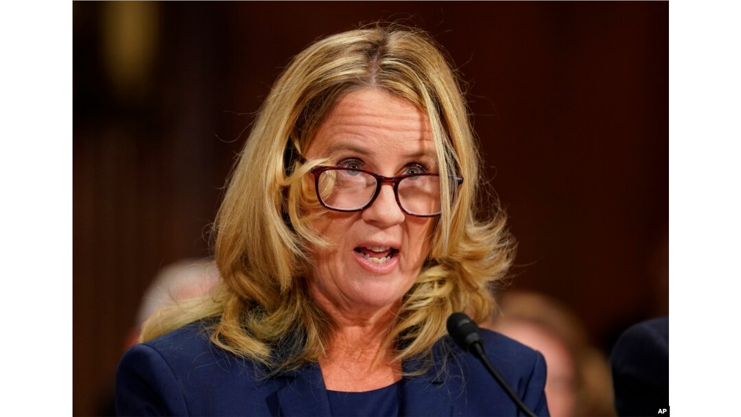 FILE - Christine Blasey Ford testifies before the Senate Judiciary Committee on Capitol Hill in Washington, Sept. 27, 2018.