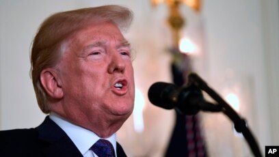 President Donald Trump speaks in the Diplomatic Reception Room of the White House on, April 13, 2018, in Washington, about the United States' military response to Syria's April 7 chemical weapons attack.