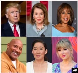 This combination photo shows (Top row, L-R): President Donald Trump, House Speaker Nancy Pelosi, CBS News' Gayle King, (Bottom row, L-R): Actor-producer Dwayne Johnson, actress Sandra Oh and singer Taylor Swift, who are among the people honored in Time’s “100 Most Influential People in the World” issue.