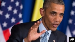 바락 오바마 미국 대통령이 27일 하일레마리암 데살렌 에티오피아 총리와 가진 공동기자회견에서 발언하고 있다.