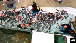 This photo from video provided by KCBS/KCAL-TV shows investigators from the U.S. Bureau of Alcohol, Tobacco, Firearms and Explosives and the police inspecting a large cache of weapons seized at a home in the affluent Holmby Hills area of Los Angeles, May 8, 2019.