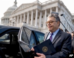 Sen. Al Franken, D-Minn., leaves the Capitol after speaking on the Senate floor, Dec. 7, 2017, on Capitol Hill in Washington.