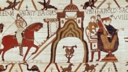 Detail from the Bayeux Tapestry in France. The cloth, over 68 meters long, tells about the Norman conquest of England, the event marking the beginning of French influence on the English language