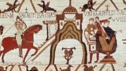 Detail from the Bayeux Tapestry in France. The cloth, over 68 meters long, tells about the Norman conquest of England, the event marking the beginning of French influence on the English language