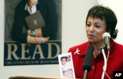 FILE - In this Feb. 25, 2004 file photo, Carla Hayden speaks in Seattle. President Barack Obama has nominated Hayden, the longtime head of Baltimore’s library system as the next Librarian of Congress.