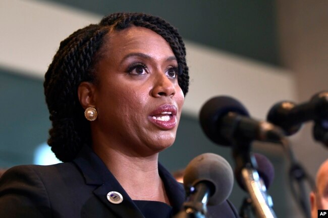 FILE - Ayanna Pressley, Democrat-Massachusetts, listens during a news conference with members of the Progressive Caucus in Washington, Nov. 12, 2018.