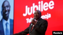 Kenya's President Uhuru Kenyatta delivers his speech during an event unveiling the Jubilee Party's manifesto in Nairobi, Kenya, June 26, 2017. 