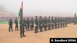 Karen National Liberation Army soldiers stand at attention during the Karen Revolution day ceremonies Jan. 31, 2019, in Karen state, Myanmar, near the Thai-Myanmar border.