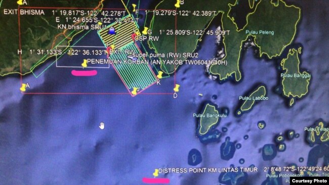 Peta lokasi pencarian awak Kapal KM Lintas Timur yang tenggelam di perairan Laut Banggai, Sulawesi Tengah. (Foto: Basarnas Makassar)