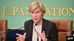 United Nations Special Rapporteur Maud de Boer-Buquicchio speaks during a press briefing at the Japan National Press Club in Tokyo, Oct. 26, 2015. 