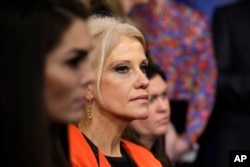 FILE - Counselor to the president Kellyanne Conway listens during the daily White House briefing at the White House in Washington, Jan. 23, 2017.