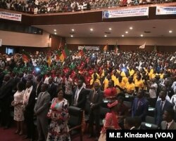 Young supporters, many bussed in from other parts of the country, mark President Paul Biya's birthday, at Yaounde Conference Center, in Yaounde, Cameroon, Feb 13, 2019.