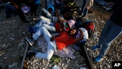 Những người di cư nằm nghỉ gần ga xe lửa vùng biên giới của Idomeni, phía bắc Hy Lạp, trong khi chờ đợi để được cảnh sát Macedonia cho phép vượt biên từ Hy Lạp vào Macedonia, ngày 20/8/2015.