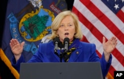 U.S. Sen. Chellie Pingree, D-Maine, speaks at a campaign stop for President Obama at Southern Maine Community College, March 30, 2012, in Portland, Maine.