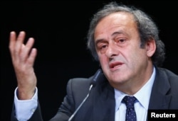UEFA President Michel Platini addresses a news conference after a UEFA meeting in Zurich, Switzerland, May 28, 2015.