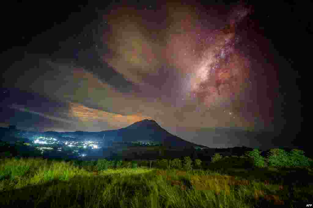 Mount Sinabung is seen from Karo, North Sumatra at dawn, Indonesia.