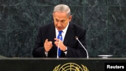 PM Israel Benjamin Netanyahu menggunakan kesempatan di majelis umum PBB untuk mengecam program nuklir Iran, Selasa (1/10). 