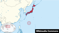 A map showing Japan, highlighted in red, with the location of Okinotori circled.
