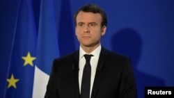 Le président français Emmannuel Macron donne son discours de victoire à Paris, France, le 7 mai 2017.