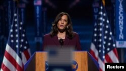 អ្នកស្រី Kamala Harris ថ្លែងនៅក្នុងការតែងតាំងលោកស្រី ជាបេក្ខជនអនុប្រធានាធិបតីខាងគណបក្សប្រជាធិបតេយ្យជាផ្លូវការ ក្នុងសន្និបាតជាតិគណបក្ស នៅទីក្រុង Wilmington រដ្ឋ Delaware កាលពីថ្ងៃទី១៩ ខែសីហា ឆ្នាំ២០២០។