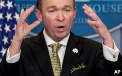 Budget Director Mick Mulvaney speaks about President Donald Trump's budget proposal for the coming fiscal year during the daily press briefing at the White House, March 16, 2017.