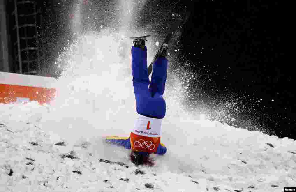 Xu Mengtao of China crashes during the women's aerials finals at Phoenix Snow Park at the 2018 Winter Olympics in Pyeongchang, South Korea.