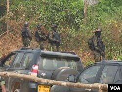 Military protecting government officials visiting Lebialem in South Western Cameroon, Sept. 15, 2018