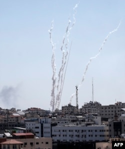 A picture taken from the Gaza Strip, May 4, 2019, shows missiles being launched toward Israel.