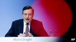 President of European Central Bank, ECB, Mario Draghi speaks during a news conference after a meeting of the governing council in Frankfurt, Germany, April 21, 2016. 