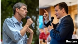 FILE - A combination photo shows U.S. Rep. Beto O'Rourke, left, and U.S. Senator Ted Cruz, right, speaking to supporters in Del Rio, Texas, Sept. 22, 2018 and in Columbus, Texas, Sept. 15, 2018 respectively.