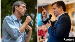 Beto O'Rourke, à gauche, et Ted Cruz, à droite, s'adressant à leurs partisans au Texas respectivement à Del Rio, le 22 septembre 2018 et à Columbus, le 15 septembre 2018 