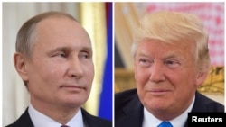 FILE - Russian President Vladimir Putin attends a news conference at the Kremlin in Moscow, Russia, on Jan. 17, 2017 and U.S. President Donald Trump seen at a reception ceremony in Riyadh, Saudi Arabia, on May 20, 2017, as seen in this combination photo.