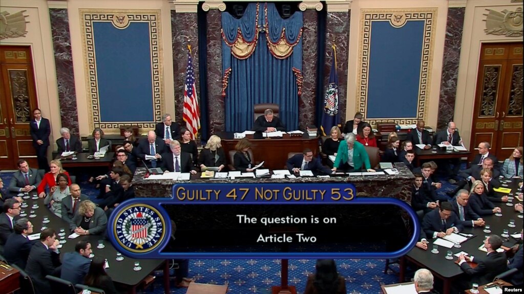 参议员们在参议院议事厅就针对特朗普总统的弹劾条款进行表决。(2020年2月5日)