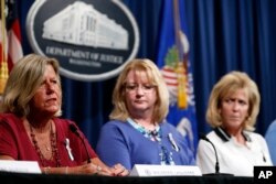 After meeting with Attorney General Jeff Sessions, Maureen Laquerre, left, Maureen Maloney and Mary Ann Mendoza, tell their stories to the media about their family members killed by people living in the United States without legal permission, at the Department of Justice in Washington, June 29, 2017.