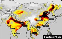 卫星示意图-2015：中国的空气仍然污染严重，但并不像污染最严重时期那样有毒。可是印度北部人口密集地区的污染已经失控。