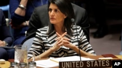 United States Ambassador to the United Nations Nikki Haley attends a meeting of the Security Council on the threats posed by international terrorism at U.N. headquarters, Feb. 7, 2017. Haley suggested Sunday if President Donald Trump needs to carry out more military strikes on Syria, he will.