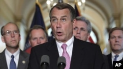 House Speaker John Boehner of Ohio, accompanied by fellow Republican leaders, makes a statement on Capitol Hill in Washington, Monday, May 2, 2011, about the operation killed Osama bin Laden