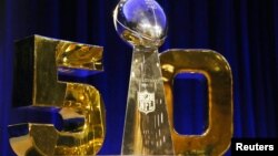 The Vince Lombardi Trophy with the Super Bowl 50 logo is displayed prior to a press conference at Moscone Center in advance of Super Bowl 50, Santa Clara, California, Feb. 5, 2016. (Matthew Emmons-USA TODAY Sports)