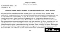 FILE - The White House statement regarding the phone conversation between U.S. President Donald Trump and Turkey's President Recep Tayyip Erdogan, Nov. 24, 2017.