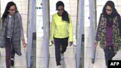 Combination handout CCTV pictures received from the Metropolitan Police Service show, from left, British teenagers Kadiza Sultana, Amira Abase and Shamima Begum passing through security barriers at Gatwick Airport, south of London, Feb. 17, 2015.