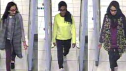 FILE - A combination of handout CCTV pictures received from the Metropolitan Police Service shows (L-R) British teenagers Kadiza Sultana, Amira Abase and Shamima Begum passing through security barriers at Gatwick Airport, south of London, Feb. 17, 2015.