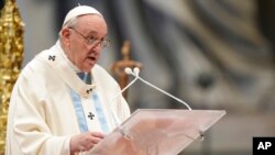 Pope Francis delivers his homily as he celebrates a Mass for the solemnity of St. Mary at the beginning of the new year, in St. Peter's Basilica, at the Vatican, Jan. 1, 2022.