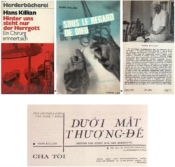 Từ trái, hình bìa gốc bản tiếng Đức: Hinter Uns Steht Nur Der Herrgott; hình bìa 1&4 bản dịch tiếng Pháp: Sous le Regard de Dieu do Robert Laffont xuất bản; dưới: trang báo Tình Thương với bản dịch truyện ngắn Cha Tôi trong tác phẩm Dưới Mắt Thượng Đế. [tư liệu Ngô Thế Vinh]