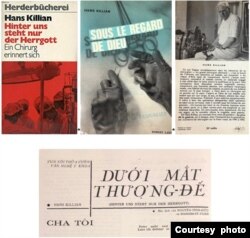 Từ trái, hình bìa gốc bản tiếng Đức: Hinter Uns Steht Nur Der Herrgott; hình bìa 1&4 bản dịch tiếng Pháp: Sous le Regard de Dieu do Robert Laffont xuất bản; dưới: trang báo Tình Thương với bản dịch truyện ngắn Cha Tôi trong tác phẩm Dưới Mắt Thượng Đế. [tư liệu Ngô Thế Vinh]