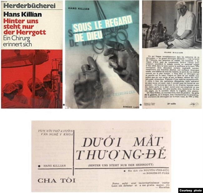 Từ trái, hình bìa gốc bản tiếng Đức: Hinter Uns Steht Nur Der Herrgott; hình bìa 1&4 bản dịch tiếng Pháp: Sous le Regard de Dieu do Robert Laffont xuất bản; dưới: trang báo Tình Thương với bản dịch truyện ngắn Cha Tôi trong tác phẩm Dưới Mắt Thượng Đế. [tư liệu Ngô Thế Vinh]