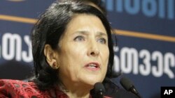 Salome Zurabishvili, former Georgian foreign minister, speaks during a news briefing at her campaign headquarters in Tbilisi, Georgia, Nov. 28, 2018.